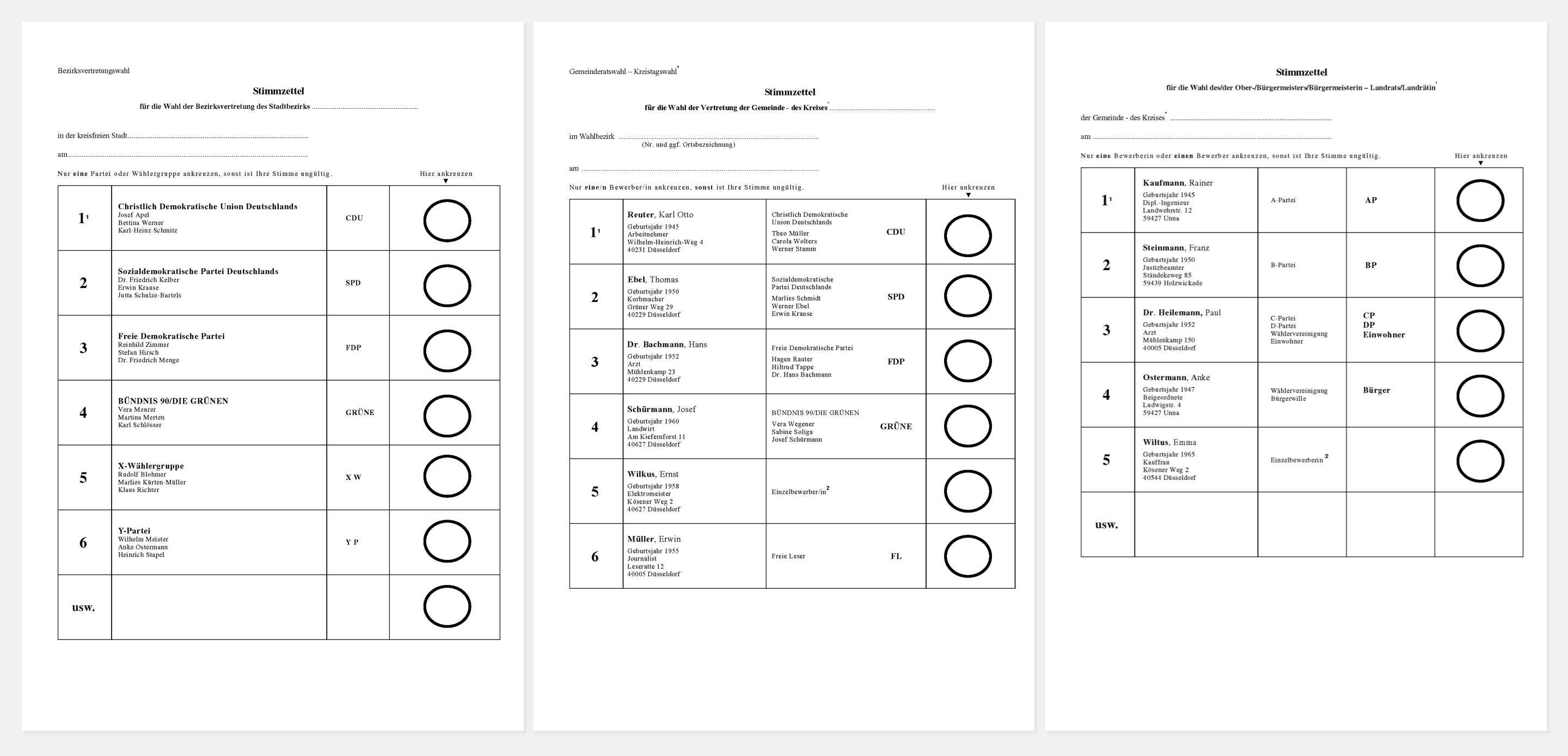 Die Vorlagen der Stimmzettel zur Kommunalwahl des NRW-Innenministeriums