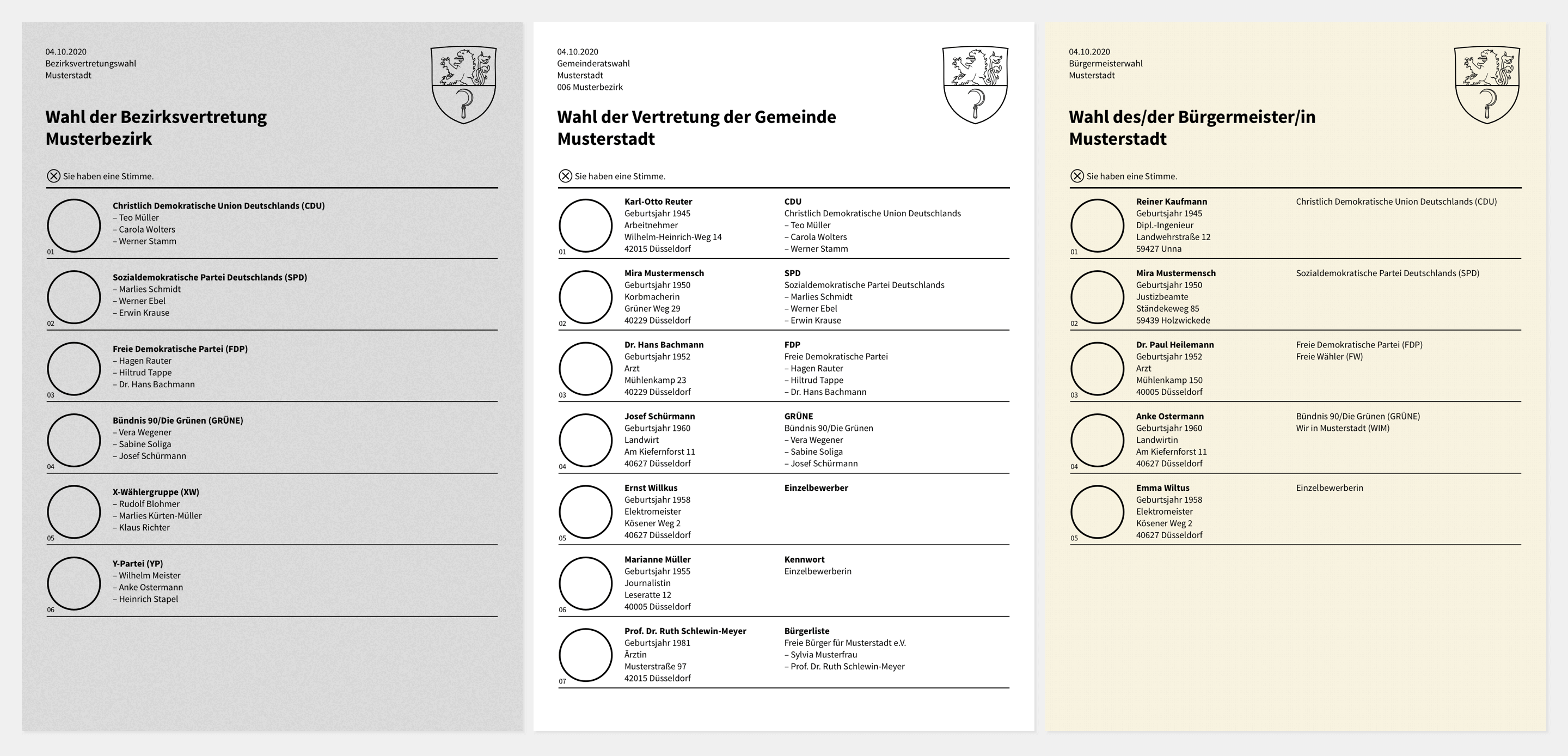 Das Bild zeigt einen neuen Entwurf für einen besseren Stimmzettel. Abgebildet sind die Zettel für die Bezirksvertretungwahl, die Gemeinderatswahl und die Bürgermeisterwahl.