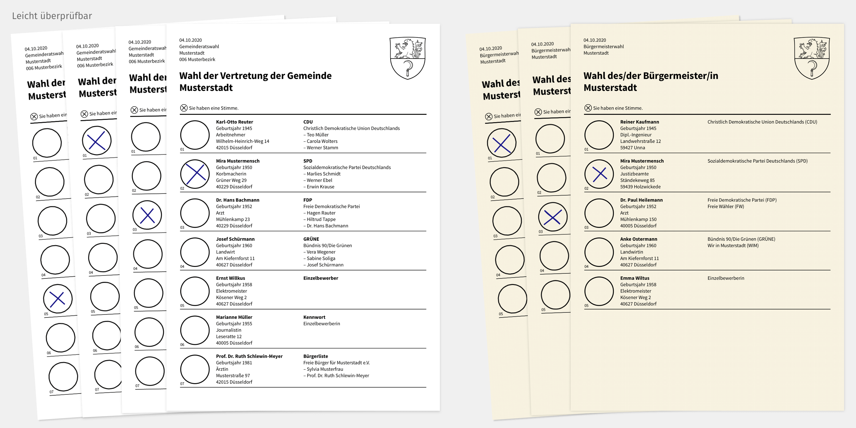 Das Bild zeigt einen neuen Entwurf für einen besseren Stimmzettel. Abgebildet sind mehre aufeinander liegende Zettel, an denen man schnell überprüfen kann, wie gewählt wurde.