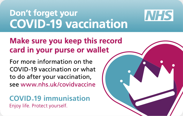 NHS Erinnerungskarte zur Covid-Impfung: „Don't forget your COVID-19 vaccination“